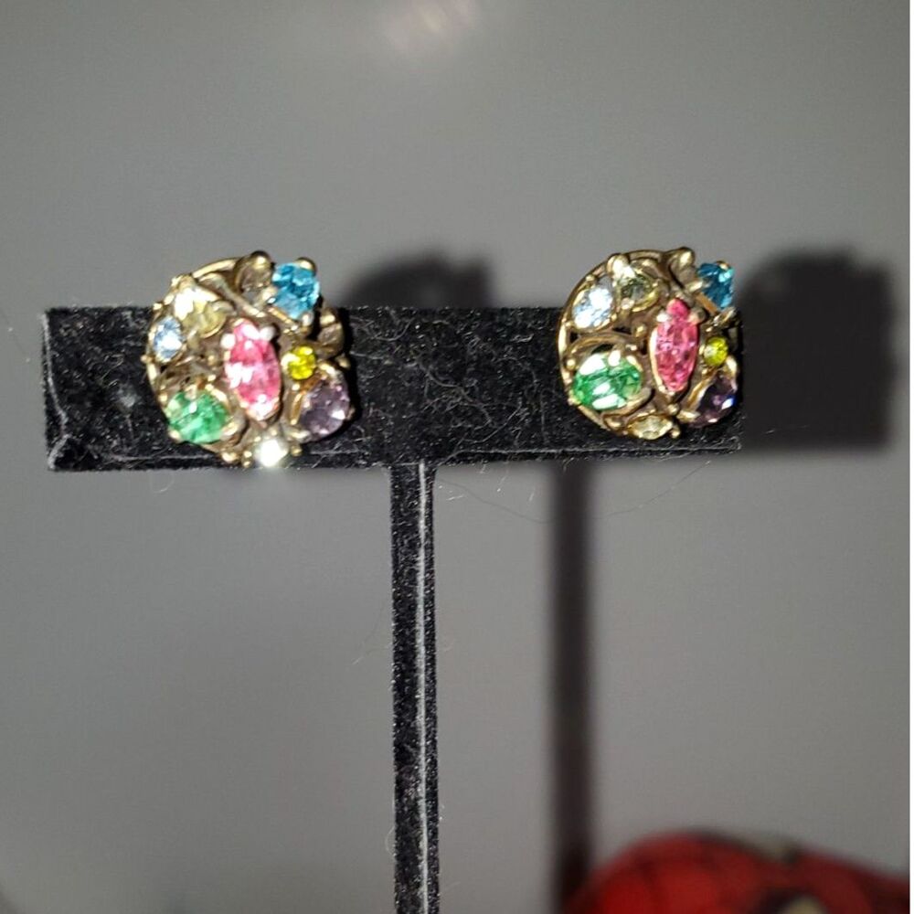 Filigree Rhinestone Vintage Earrings Screw Backs Colorful Whimsical Fairy Pink